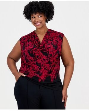 Kasper Plus Size Cowl-neck Cap-sleeve Floral Blouse - Red