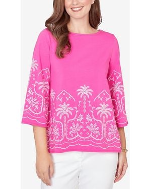 Ruby Rd. Petite Palm Tree Embroidered Knit Top - Pink