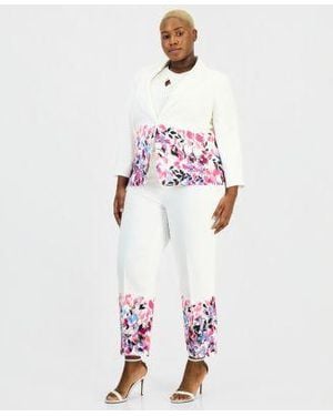 Kasper Plus Size Floral Trim Two Button Jacket Straight Leg Ankle Pants - White