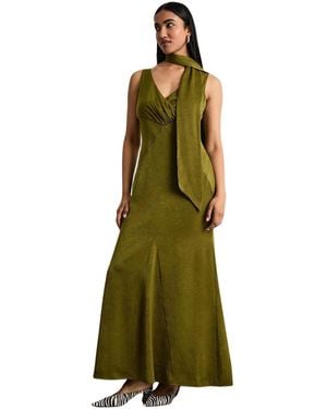 Warehouse Plain Scarf Detail Tie Neck Maxi Dress - Green