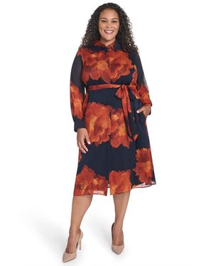 Calvin Klein Plus Size Long-sleeve Printed Midi Dress - Red