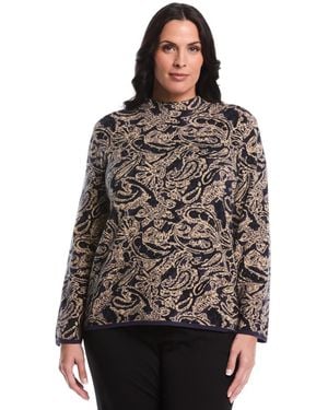 Rafaella Plus Size Paisley Print Mock Neck Long Sleeve Sweater - Brown