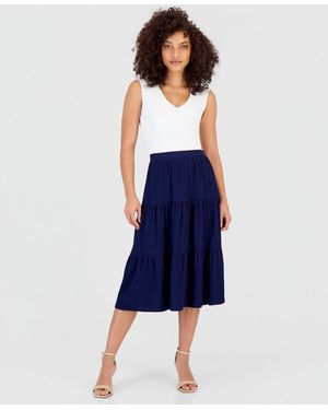 Anne Klein Essentials Petite Pull-on Tiered Midi Skirt - Blue