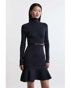 Karen Millen Roll Neck Belted Flippy Hem Mini Dress - Blue