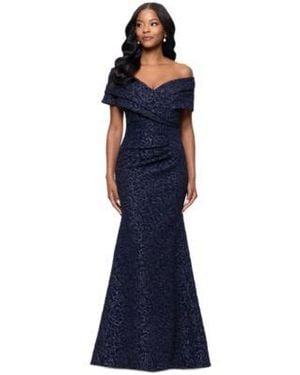Betsy & Adam Betsy Adam Off The Shoulder Brocade Gown - Blue