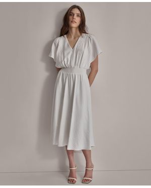 DKNY V-neck Smocked-waist Short-sleeve Dress - White