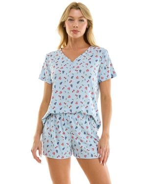 Jaclyn Intimates V-neck Henley Top And Flared Pajama Shorts - Blue