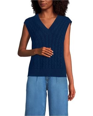 Lands' End Drifter Modern Cable V Neck Vest Sweater - Blue