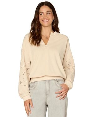 Democracy Petite V-neck Die-cut Embroidered Sweatshirt - Natural
