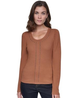 DKNY Scoop Neck Long-puff Sleeve Rhinestud Cotton-blend Top - Brown