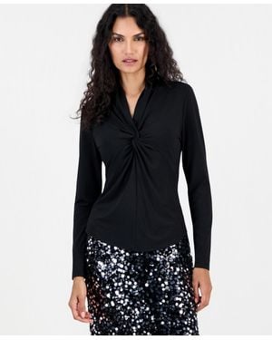 Tahari Long-sleeve V-neck Twist-front Blouse - Black