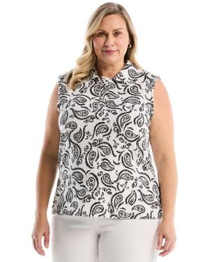 Rafaella Plus Size Paisley Print Ruffle Trim Sleeveless Polo Shirt - Gray