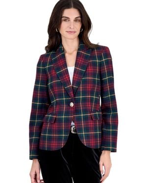Tahari Plaid Shoulder-padded Blazer - Blue