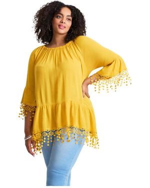 Avenue Crochet Fringe Trim Tunic - Yellow