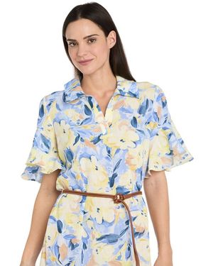 R & M Richards Petite Belted Collared Midi Dress - Blue