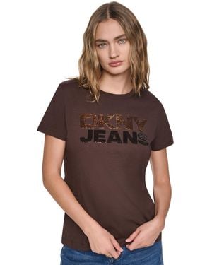 DKNY Stacked Logo Mixed Sequins Crew Neck T-shirt - Brown