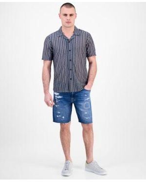 Guess Wyatt Rip Repair Denim 9 Shorts Striped Button Front Camp - Blue