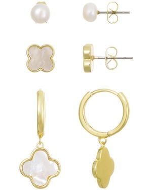 Adornia Gold Natural Freshwater Imitation Pearl And Clover 3-piece Earring Set - White