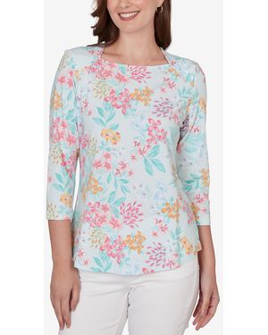 Ruby Rd. Petite Blooming Floral Envelope Neck Knit Top - Blue