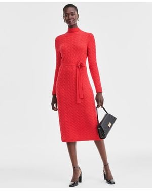 Charter Club 100% Cashmere Cable-knit Mock Neck Midi Dress - Red