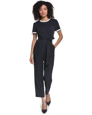 KARL LAGERFELD Scuba Crepe Jumpsuit Self Tie And Contrast Collar And Sleeve Trim - Blue