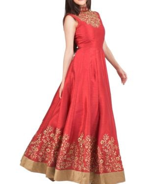 Ras Embroide Silk High Neck Gown - Red