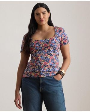 Ralph Lauren Plus Size Floral Cotton Jersey Square Neck Top - Blue
