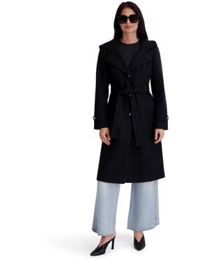 Kensie Hooded Faux Wool Coat With Belt And Button Front - Blue