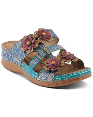 L'ARTISTE Brash Hand-painted Floral Leather Wedge Sandals - Blue