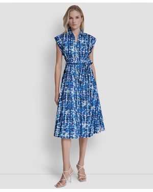 DKNY Extended Button-front Collared Cotton Midi Dress - Blue