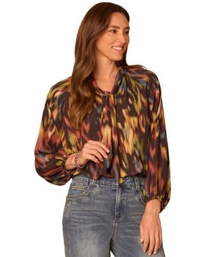 Democracy Long-sleeve Split-collar Self-tie Print Blouse - Brown