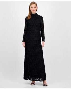 Anne Klein Glitter Long Sleeve Mock Neck Top Glitter Flared Maxi Skirt - Black