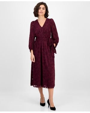 Anne Klein Jacquard V-neck 3/4-sleeve Midi Dress - Red