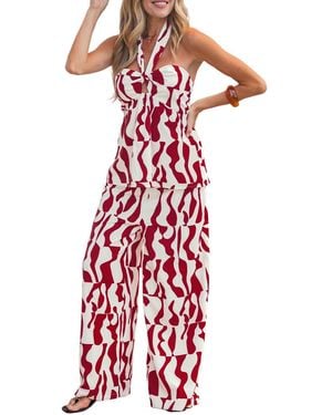 CUPSHE Abstract Print Halter Keyhole Top And Wide Leg Pants Matching Set - Red