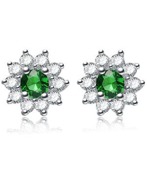 Genevive Jewelry Sterling Silver White Gold Plated With Round And Flower Petals Earrings - Green