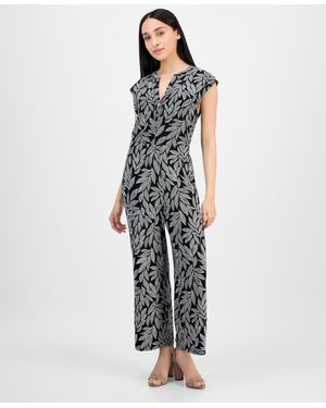 Anne Klein Petite Leaf-print Cropped Wide-leg Pull-on Pants - White