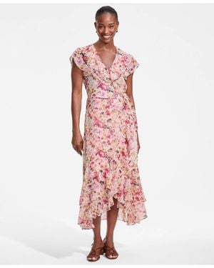 Lands' End Chiffon Flutter Sleeve V-neck Wrap Maxi Dress - Pink