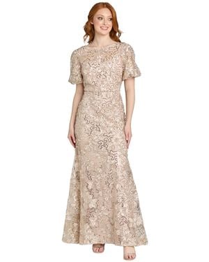 R & M Richards Petite Long Ribbon Soutache Lace And Sequin Ball Gown - Natural