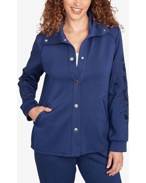 Ruby Rd. Petite Embroidered Floral Cutout Snap Jacket - Blue