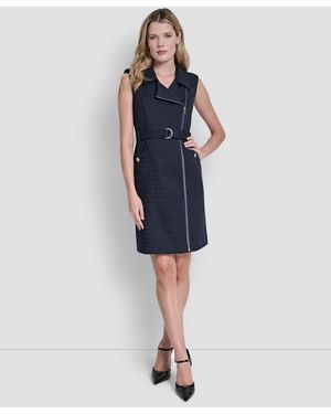 DKNY Sleeveless Zipper Front Belted Jacket Dress - Blue