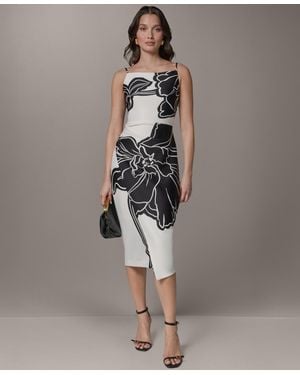 Donna Karan Sleeveless Floral Square Neck Midi Sheath Dress - Brown