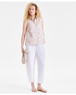 Charter Club 100% Linen Drawstring Barrel-leg Pants - White