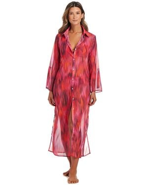 Bleu Rod Beattie Chiffon Long Swim Cover Up Shirt - Red