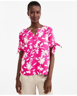 Charter Club 100% Linen Split-neck Tie-cuff Top - Pink