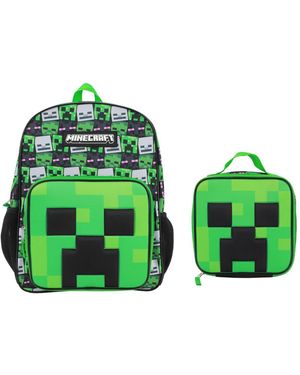 Minecraft Creepers 2-piece 16"premium Backpack And Lunch Box Set For School And Travel - Green