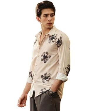 Campus Sutra Ecru Beige & Midnight Withering Flora Imprint Shirt - Natural