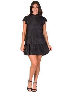 24seven Comfort Apparel Petite Ruffle Cap Sleeve Pleated Tiered Mini Dress - Black