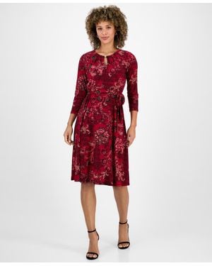 Kasper Printed 3/4-sleeve Midi Dress - Red