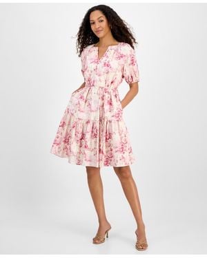 Julia Jordan Printed Short-bubble-sleeve Tie-waist Dress - Pink