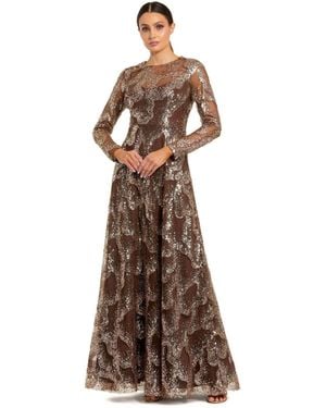 Mac Duggal Embellished Mesh Long Sleeve High Neck Gown - Brown